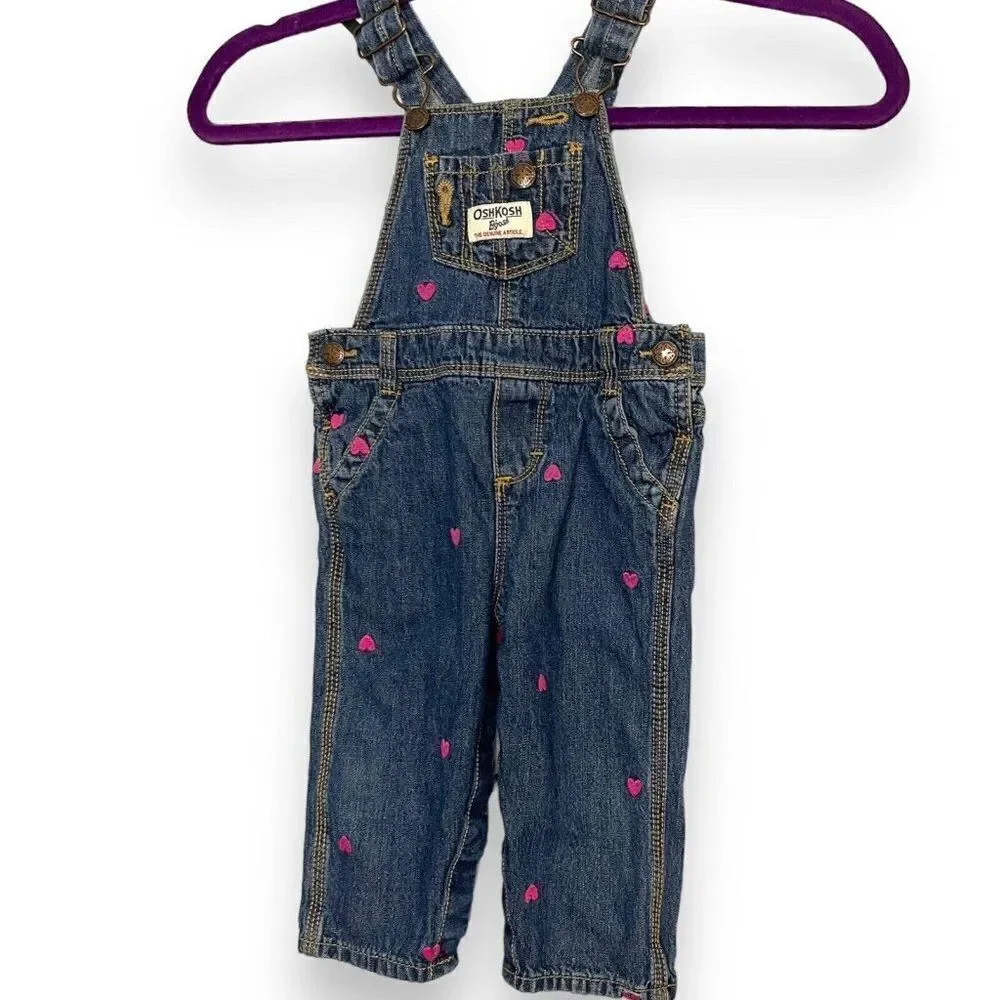 Oshkosh B'gosh Bib Overalls Baby Girls 12 Months Embroidered Hearts Adjustable